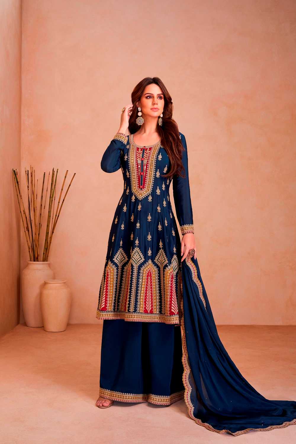 Blue Embroidered Chinon Palazzo Suit Set