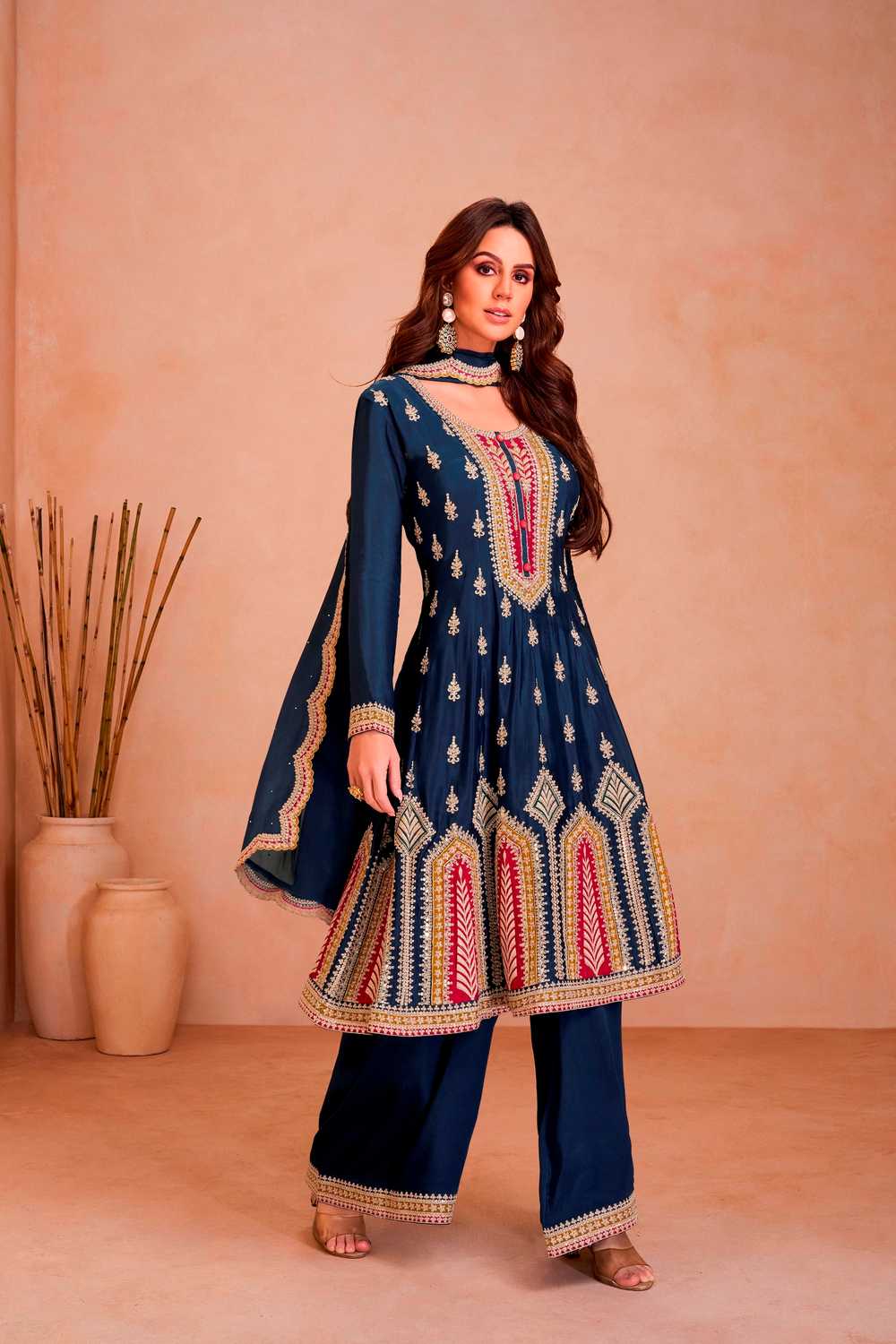 Blue Embroidered Chinon Palazzo Suit Set