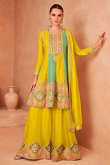 Yellow Embroidered Chinon Palazzo Suit Set