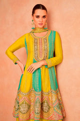 Yellow Embroidered Chinon Palazzo Suit Set