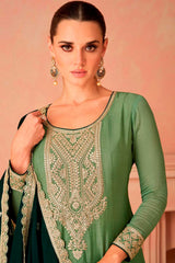 Green Embroidered Chinon Palazzo Suit Set