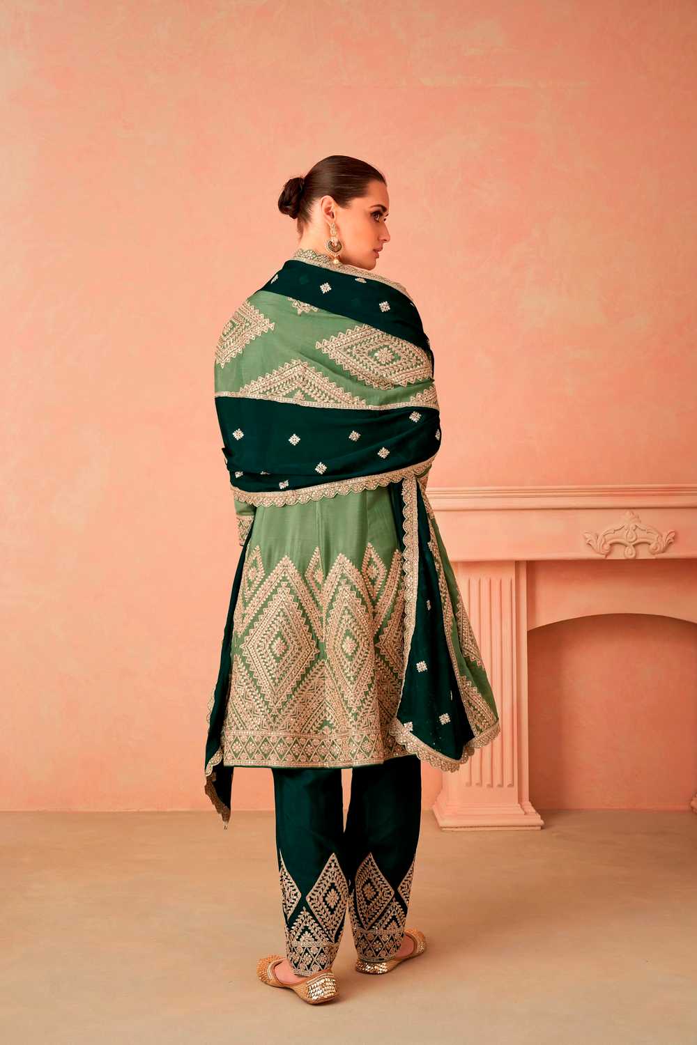 Green Embroidered Chinon Palazzo Suit Set