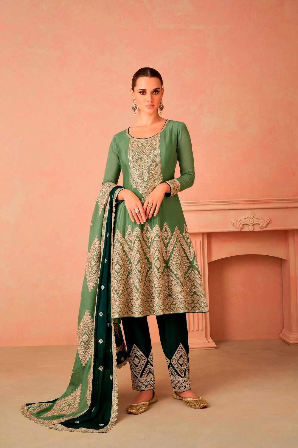 Green Embroidered Chinon Palazzo Suit Set