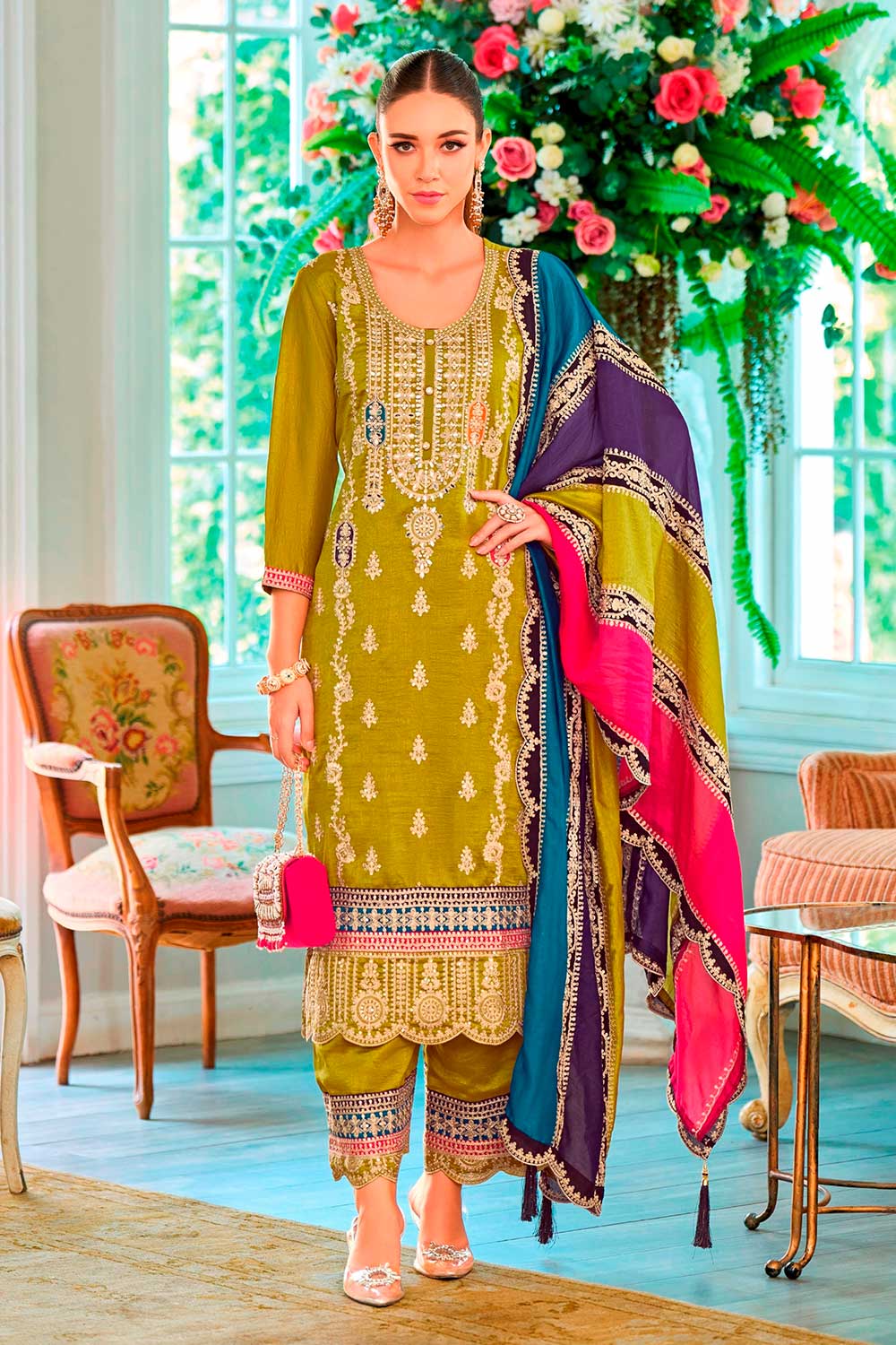 Green Embroidered Santoon Salwar Suit