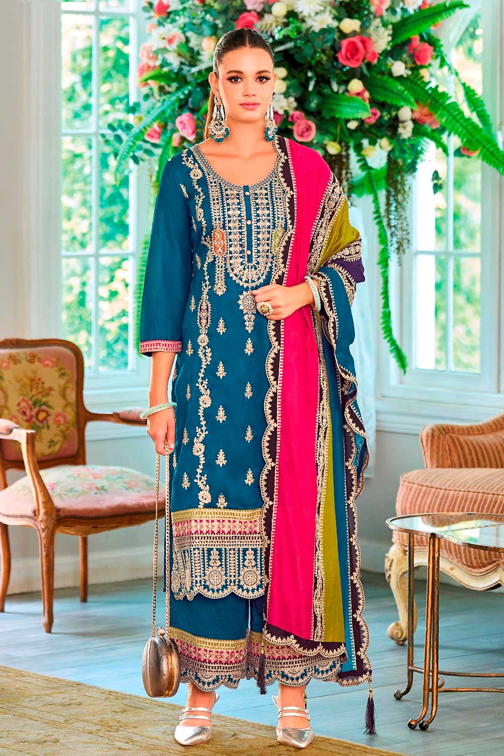 Blue Embroidered Santoon Salwar Suit