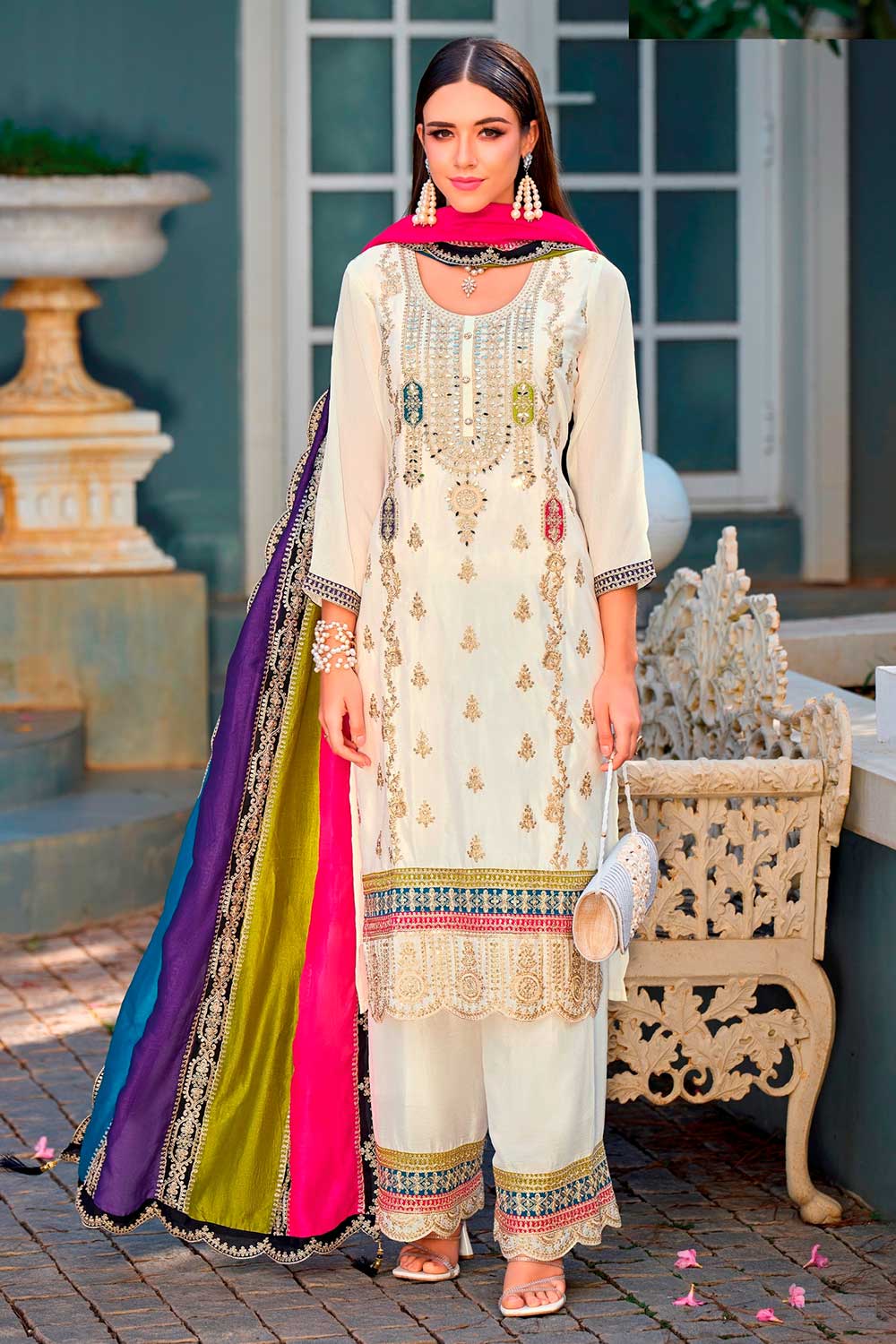 Beige Embroidered Santoon Salwar Suit