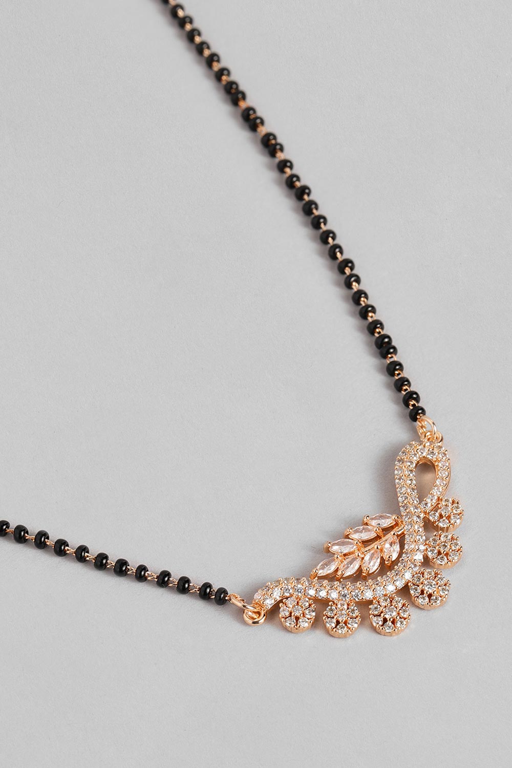 Rose Gold Plated American Diamond And Black Beaded Mangalsutra