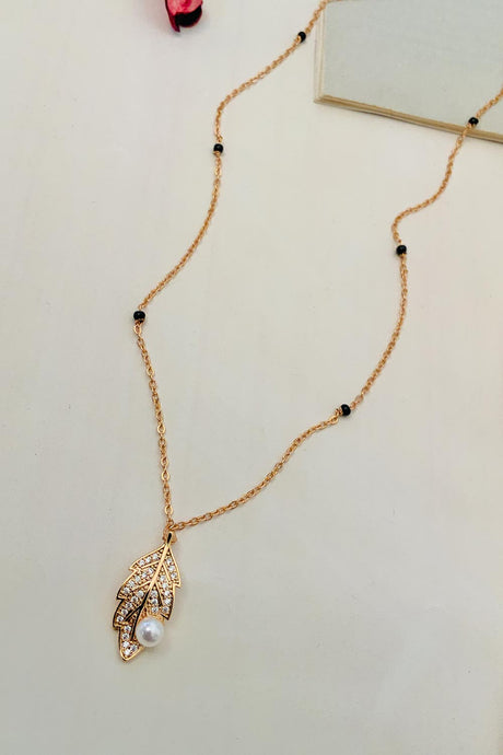 Rose Gold Plated American Diamond And Black Beaded Mangalsutra