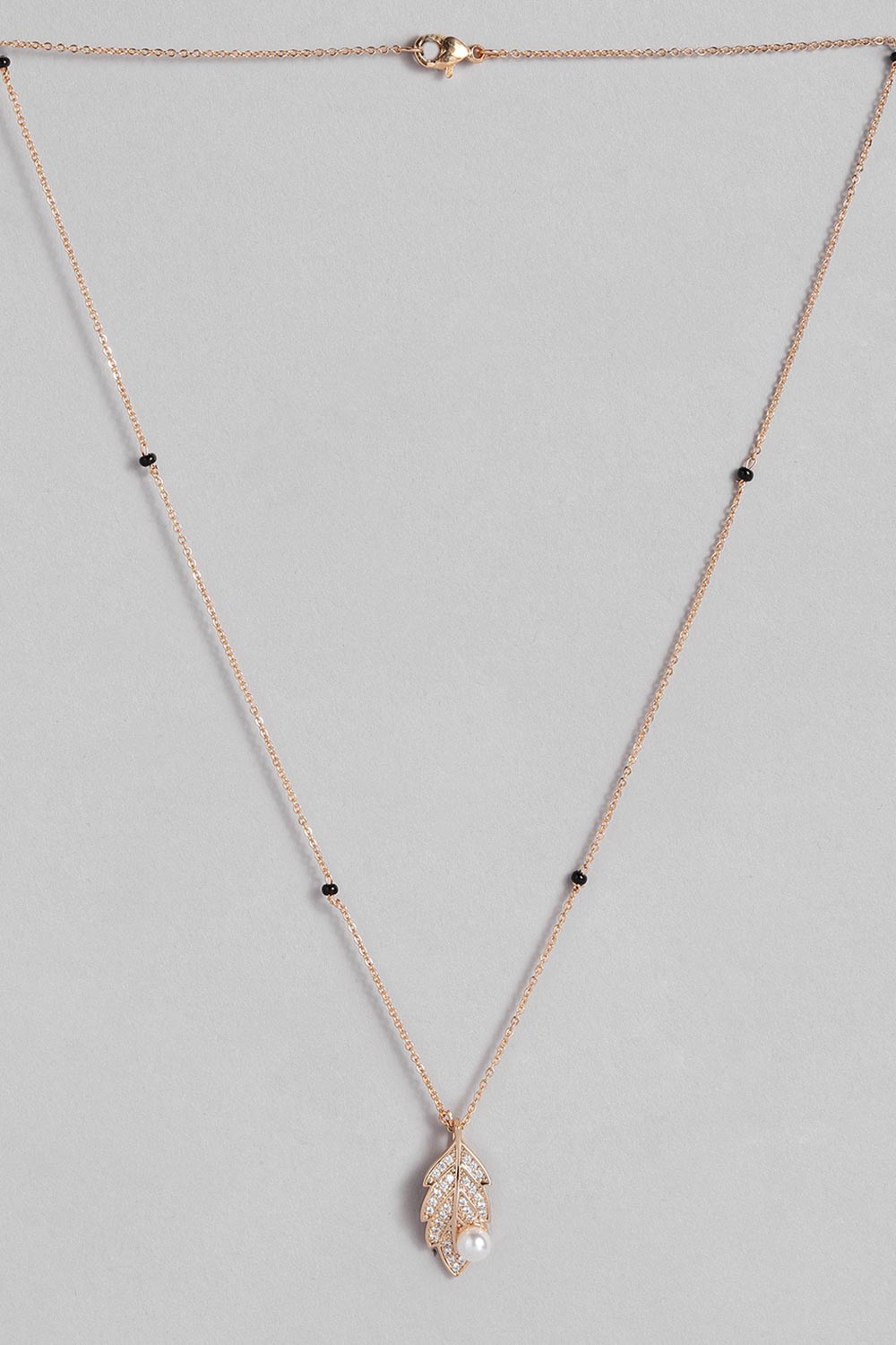 Rose Gold Plated American Diamond And Black Beaded Mangalsutra