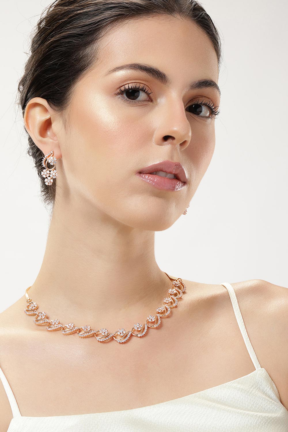 Rose Gold Plated White AD Studded Jewellery Set