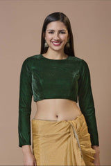 Green Velvet Solid Round Neck Full Sleeves Blouse