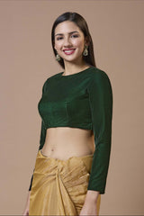 Green Velvet Solid Round Neck Full Sleeves Blouse