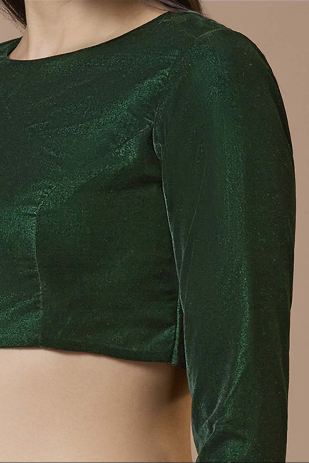 Green Velvet Solid Round Neck Full Sleeves Blouse