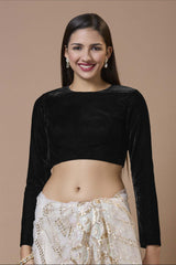 Black Velvet Solid Round Neck Full Sleeves Blouse