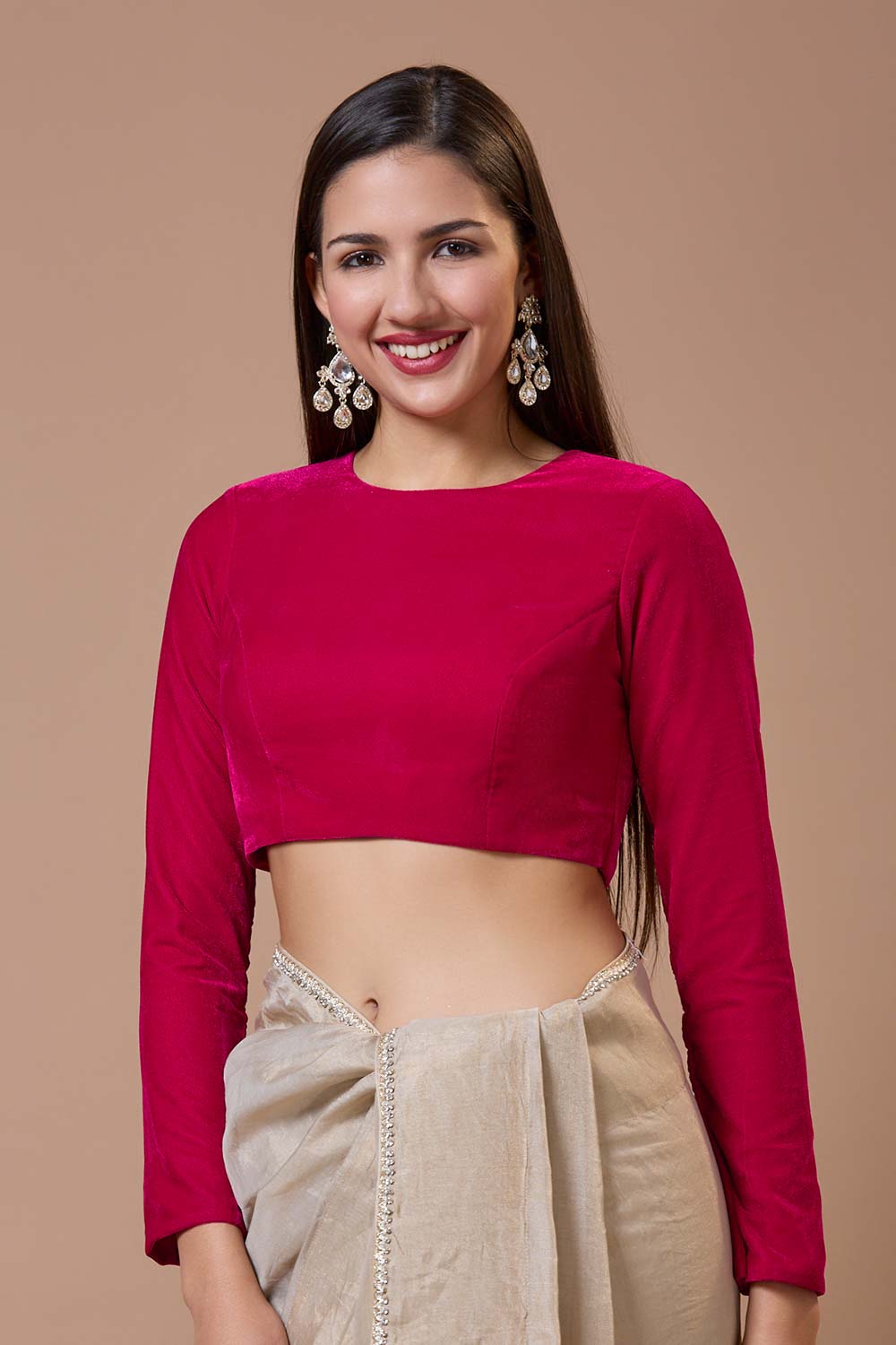 Pink Velvet Solid Round Neck Full Sleeves Blouse