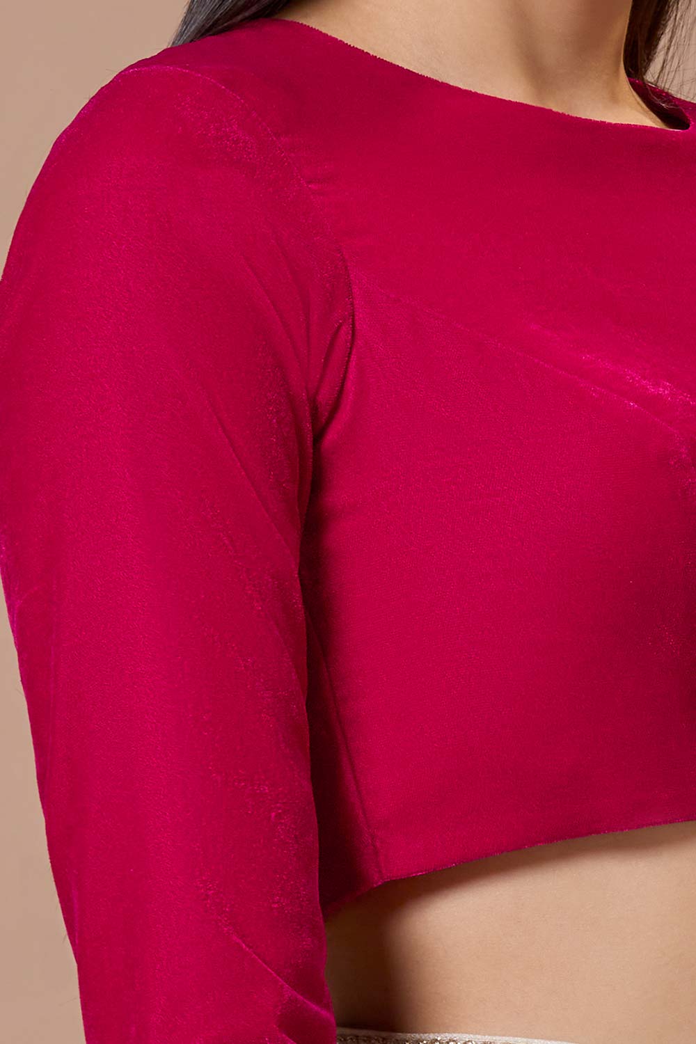 Pink Velvet Solid Round Neck Full Sleeves Blouse