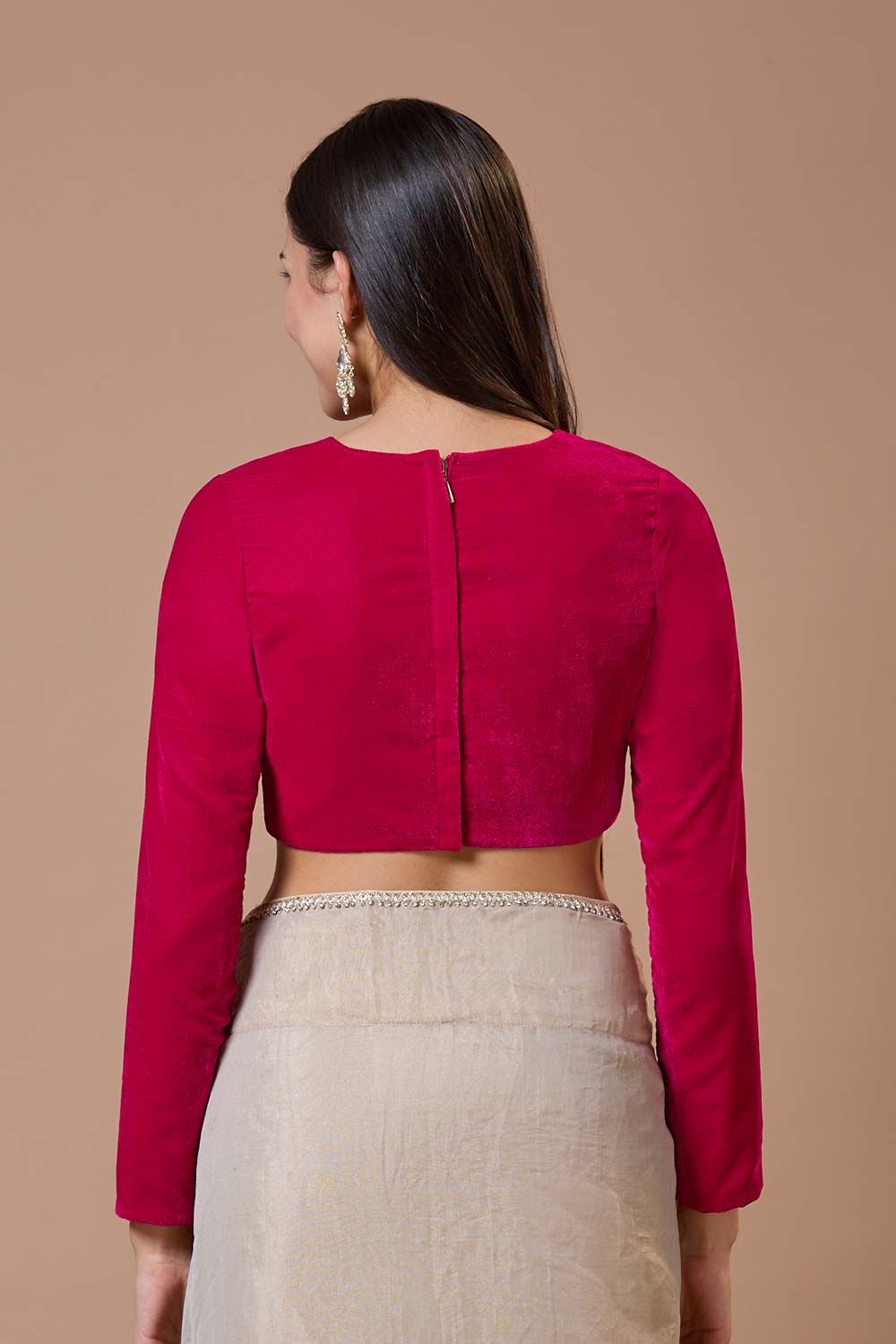 Pink Velvet Solid Round Neck Full Sleeves Blouse