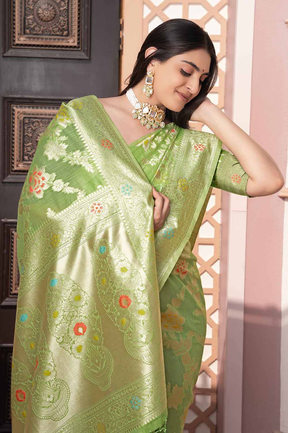 Green Woven Cotton Silk Saree