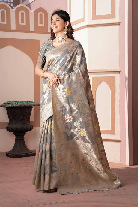 Grey Woven Cotton Silk Saree