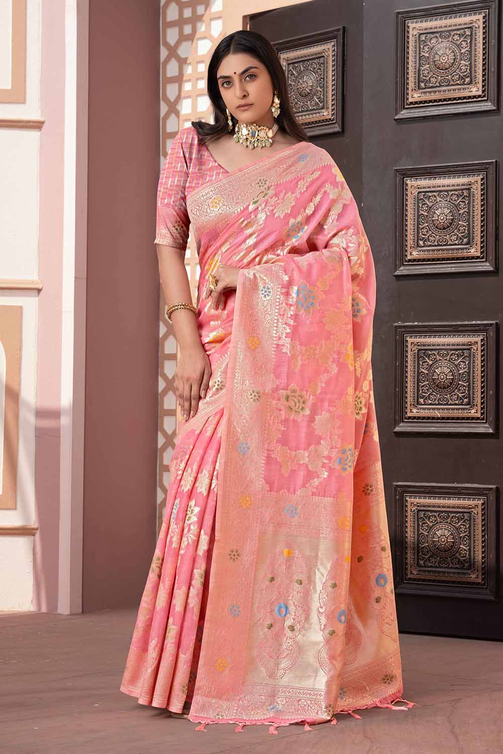 Pink Woven Cotton Silk Saree