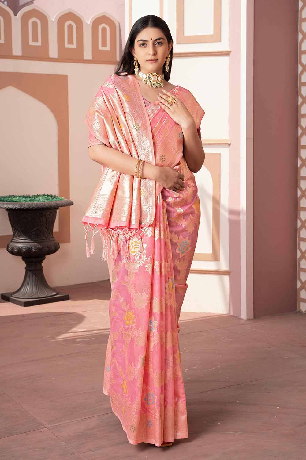 Pink Woven Cotton Silk Saree