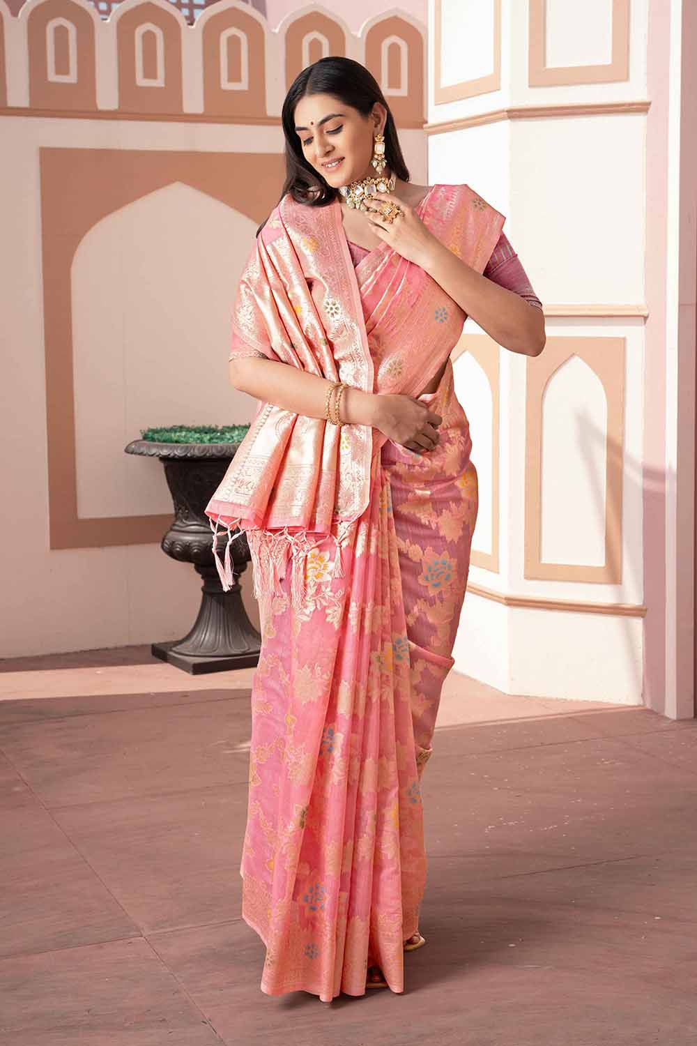 Pink Woven Cotton Silk Saree