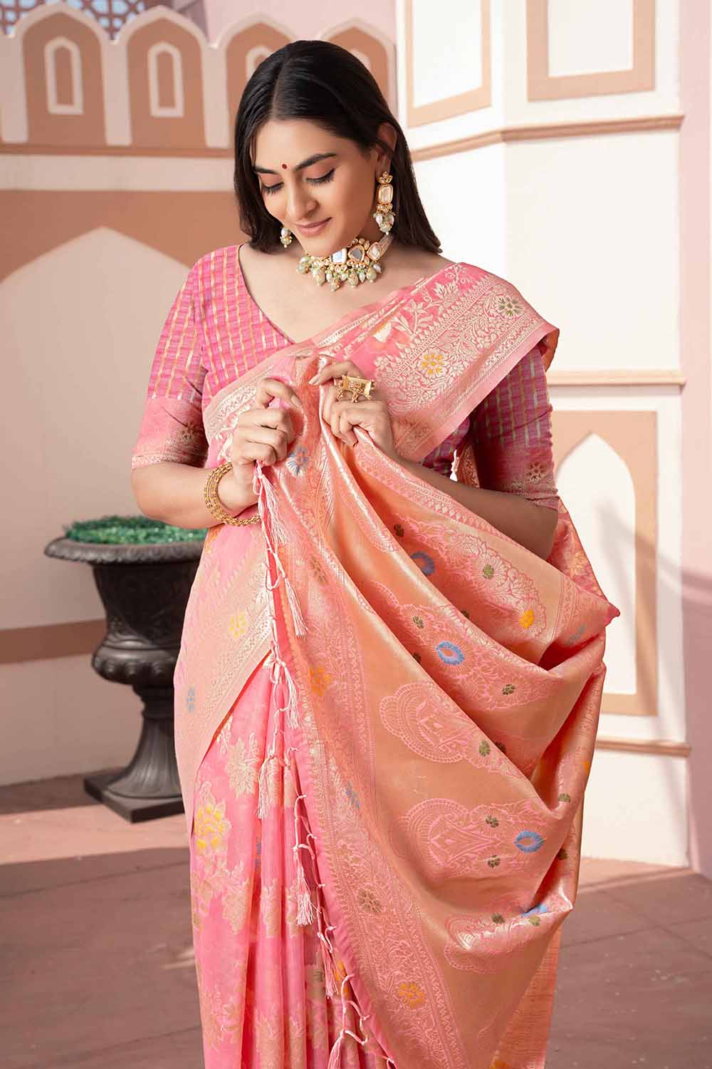 Pink Woven Cotton Silk Saree