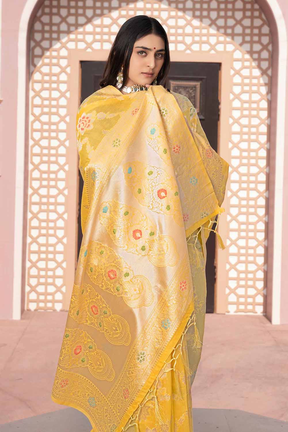 Yellow Woven Cotton Silk Saree