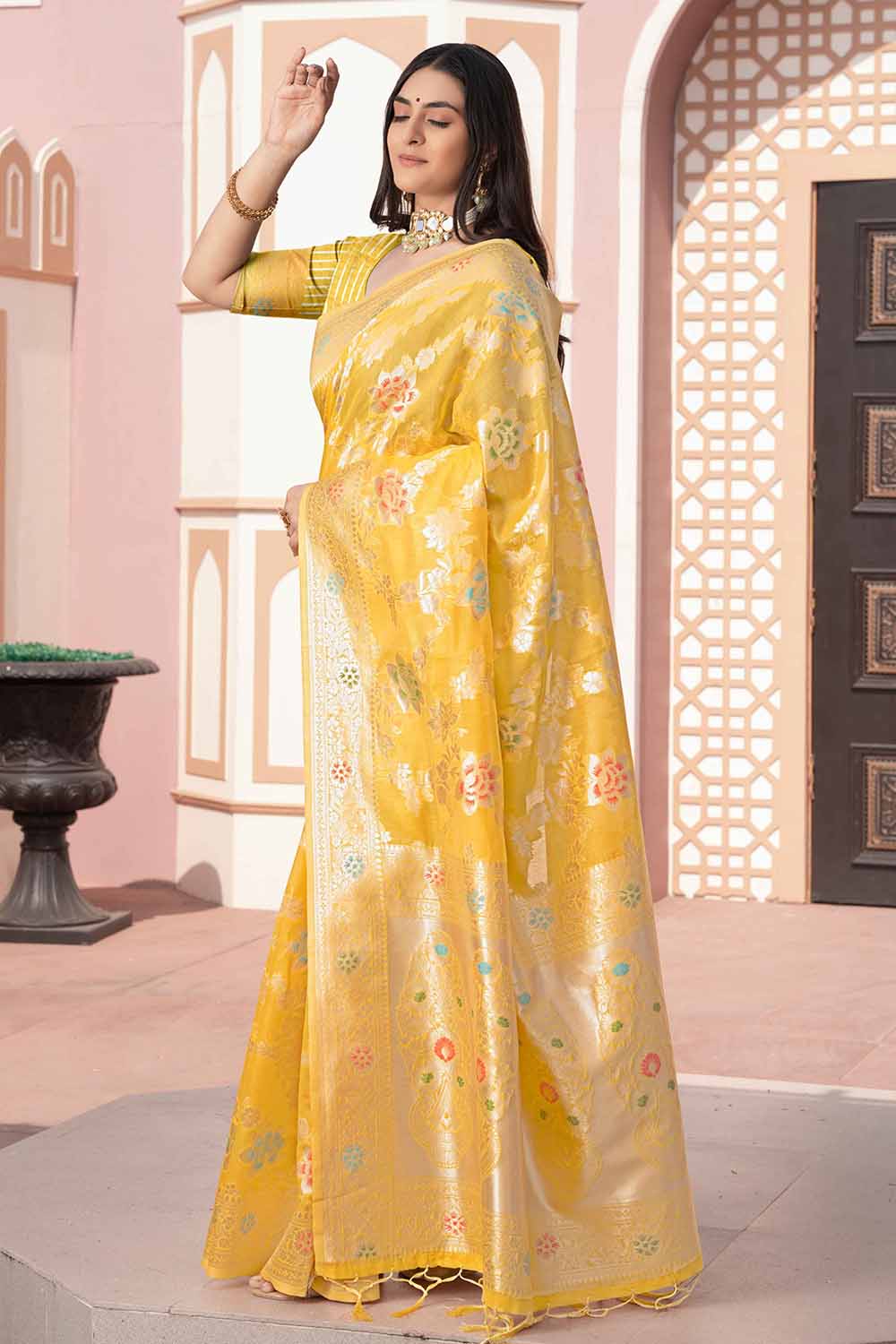 Yellow Woven Cotton Silk Saree