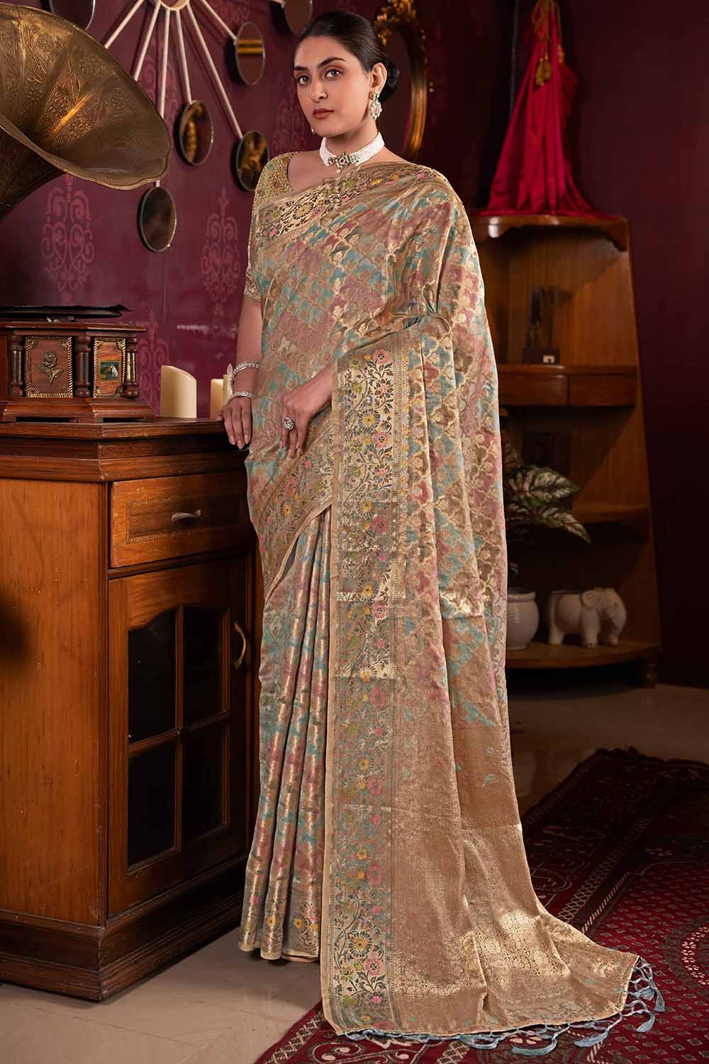 Grey Zari Organza Saree