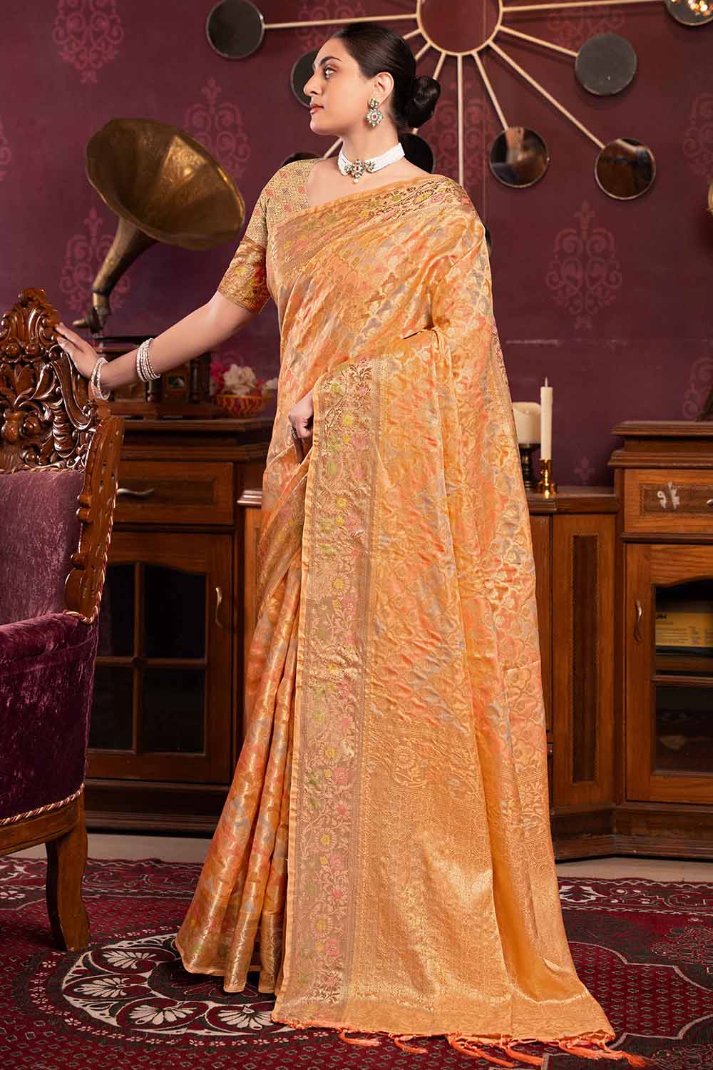 Orange Zari Organza Saree