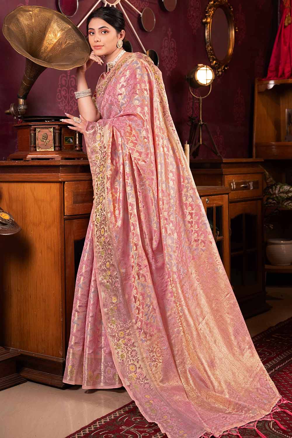 Pink Zari Organza Saree