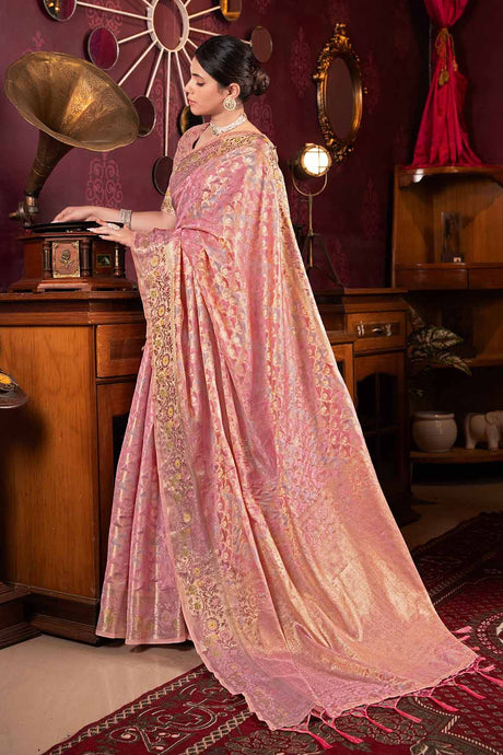 Pink Zari Organza Saree