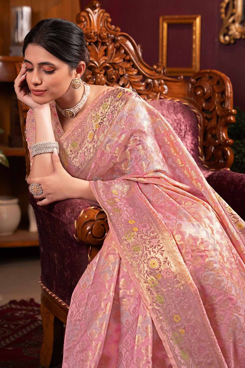 Pink Zari Organza Saree