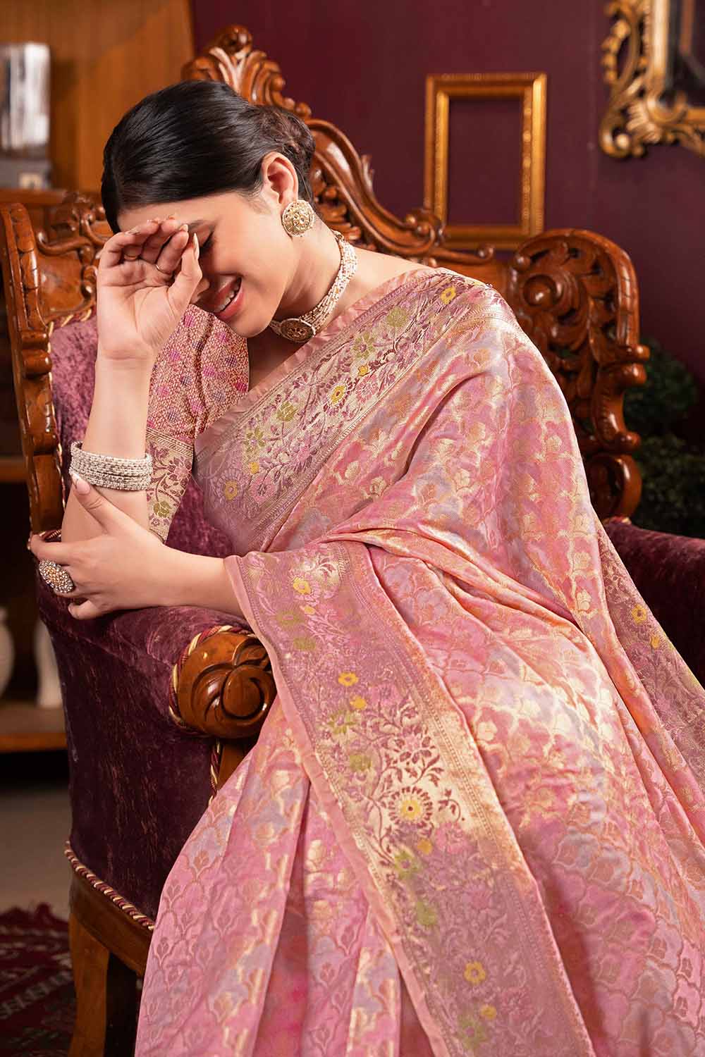 Pink Zari Organza Saree