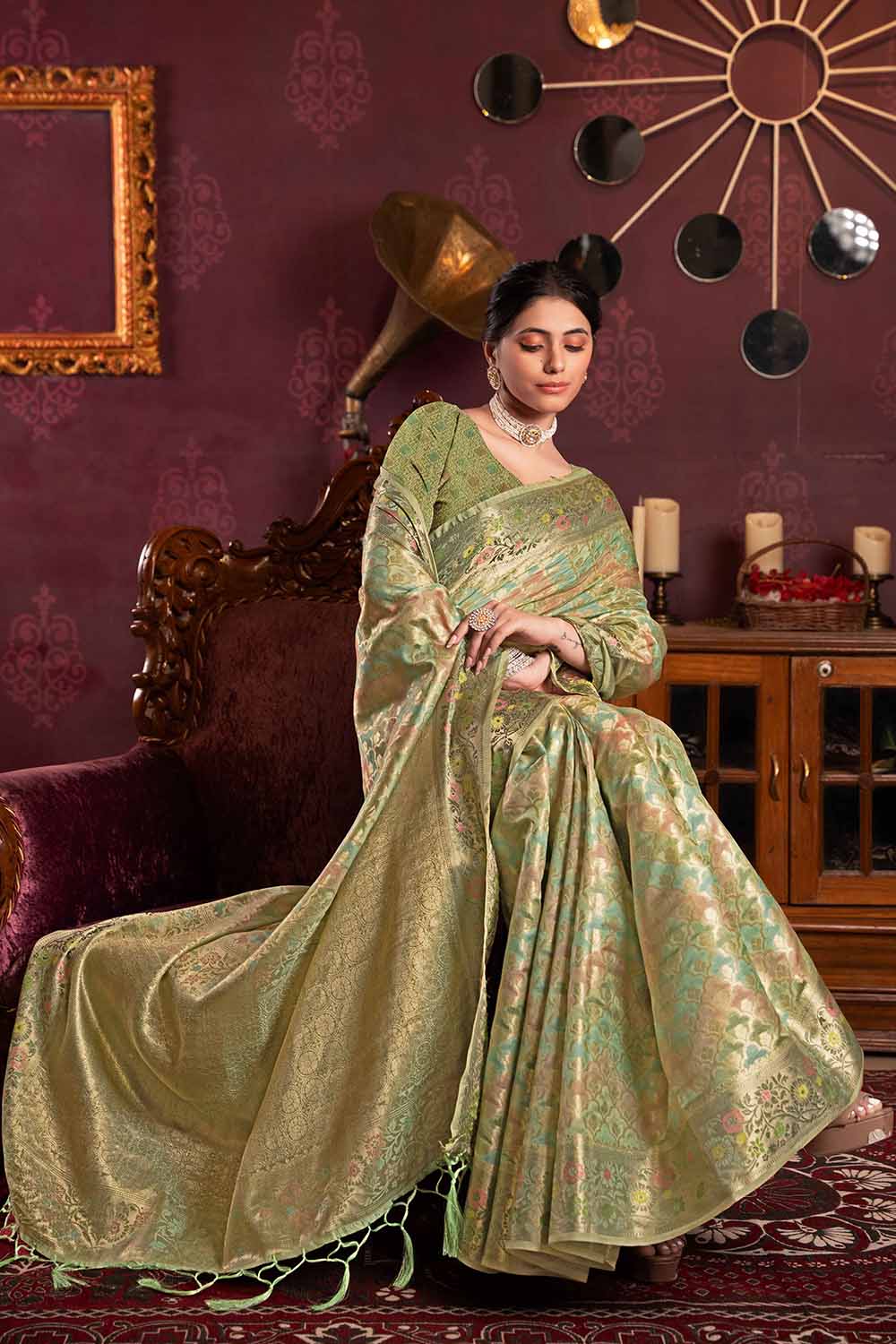 Green Zari Organza Saree