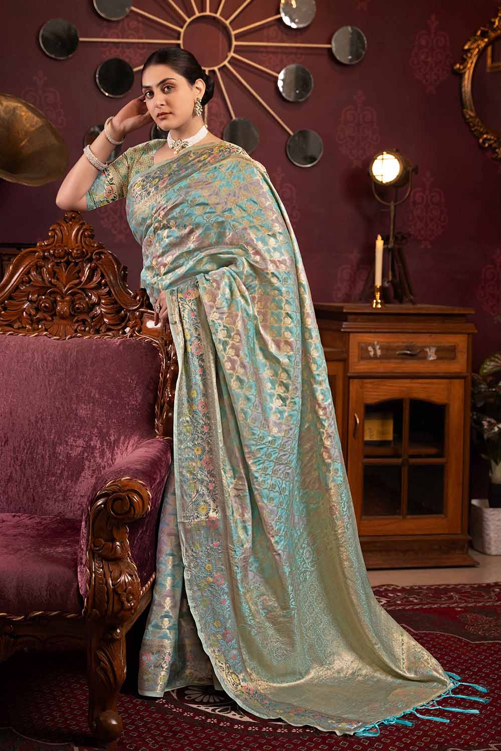 Blue Zari Organza Saree