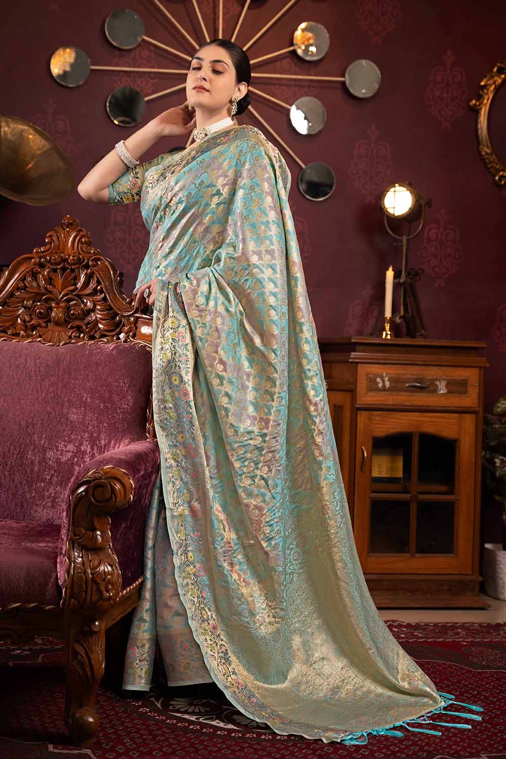 Blue Zari Organza Saree