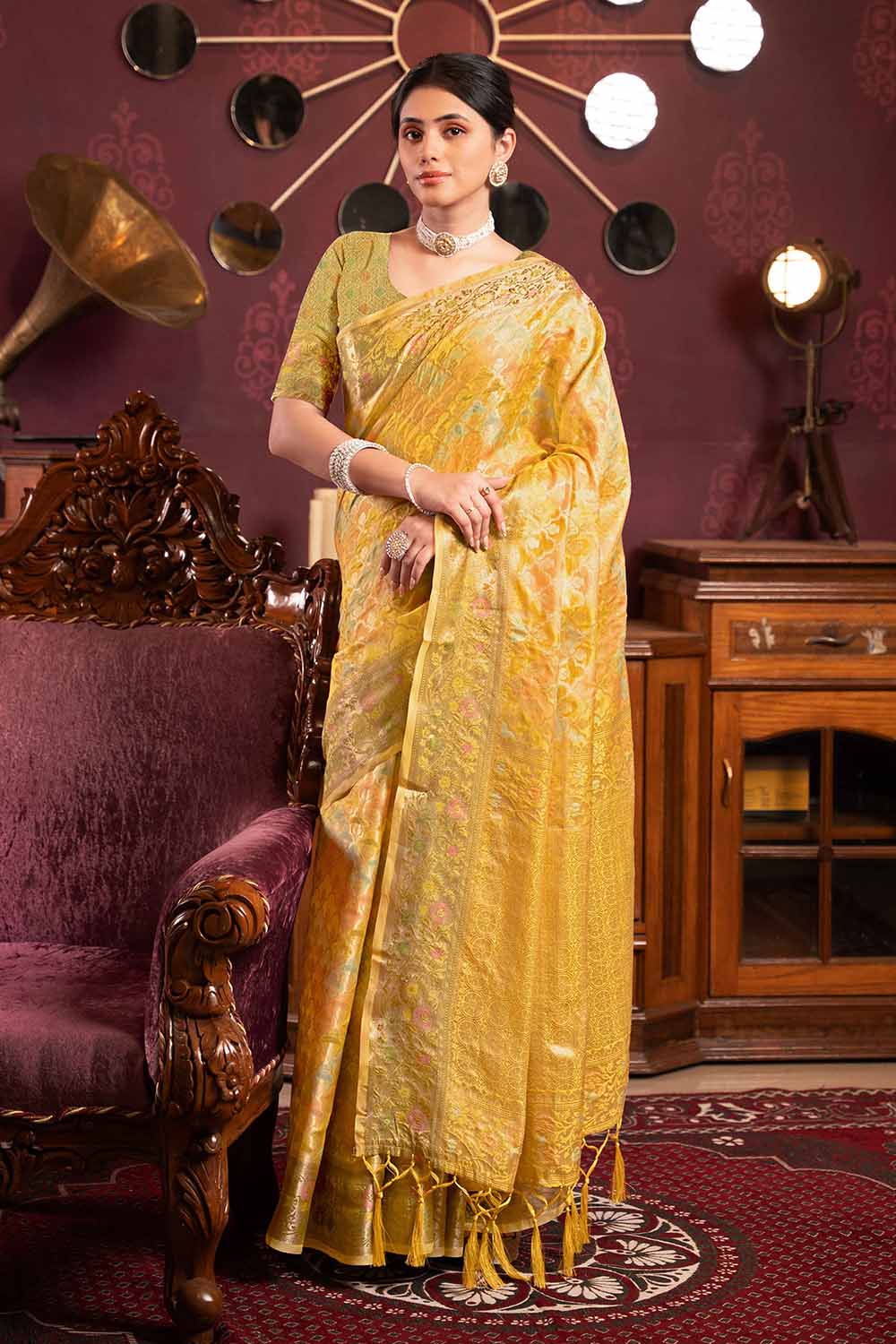 Yellow Zari Organza Saree