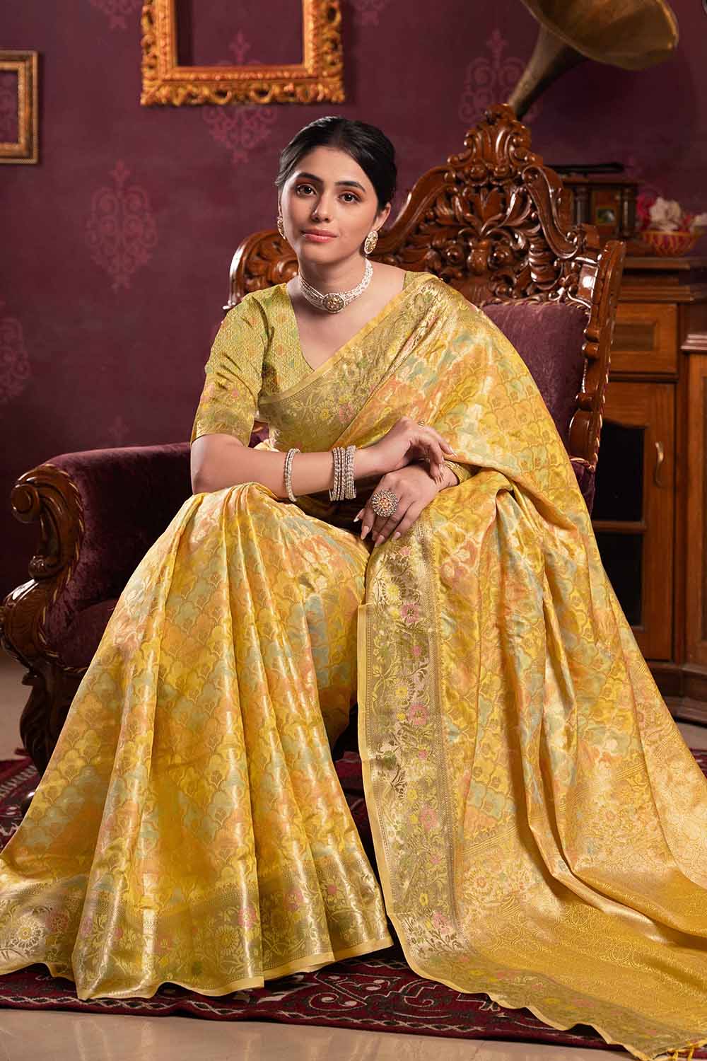 Yellow Zari Organza Saree