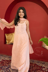 Riva Chikankari noodle strap long kurti in Peach