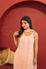 Riva Chikankari noodle strap long kurti in Rose pink