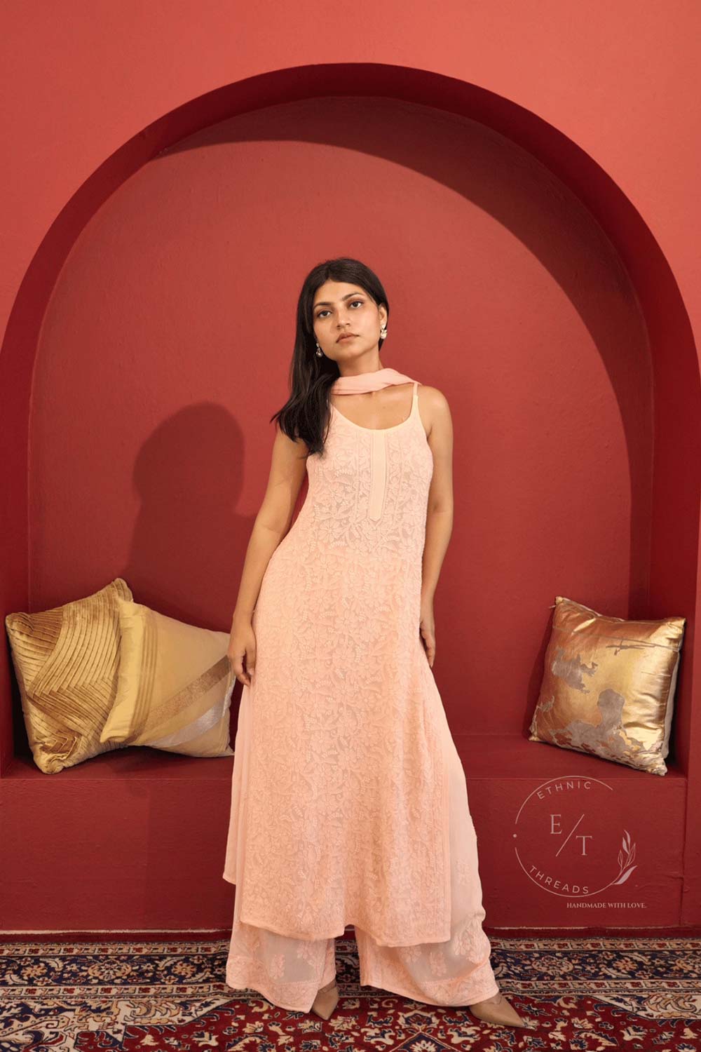 Riva Chikankari noodle strap long kurti in Peach