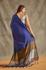 Navy Blue Handloom Cotton Woven Design  Saree