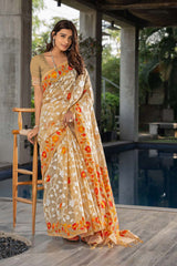 Beige Jamdani Floral Cotton Saree