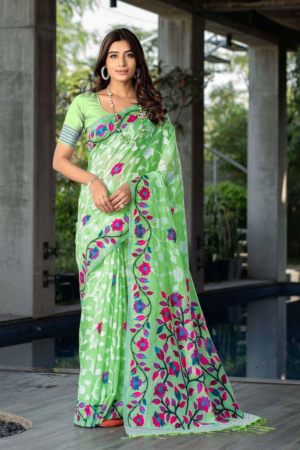 Green Jamdani Floral Cotton Saree