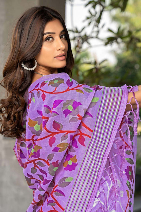 Lavender Jamdani Floral Cotton Saree