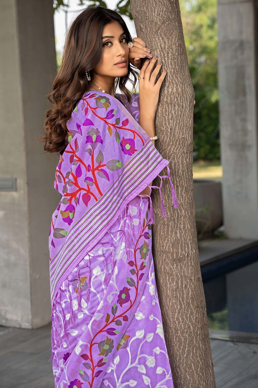 Lavender Jamdani Floral Cotton Saree