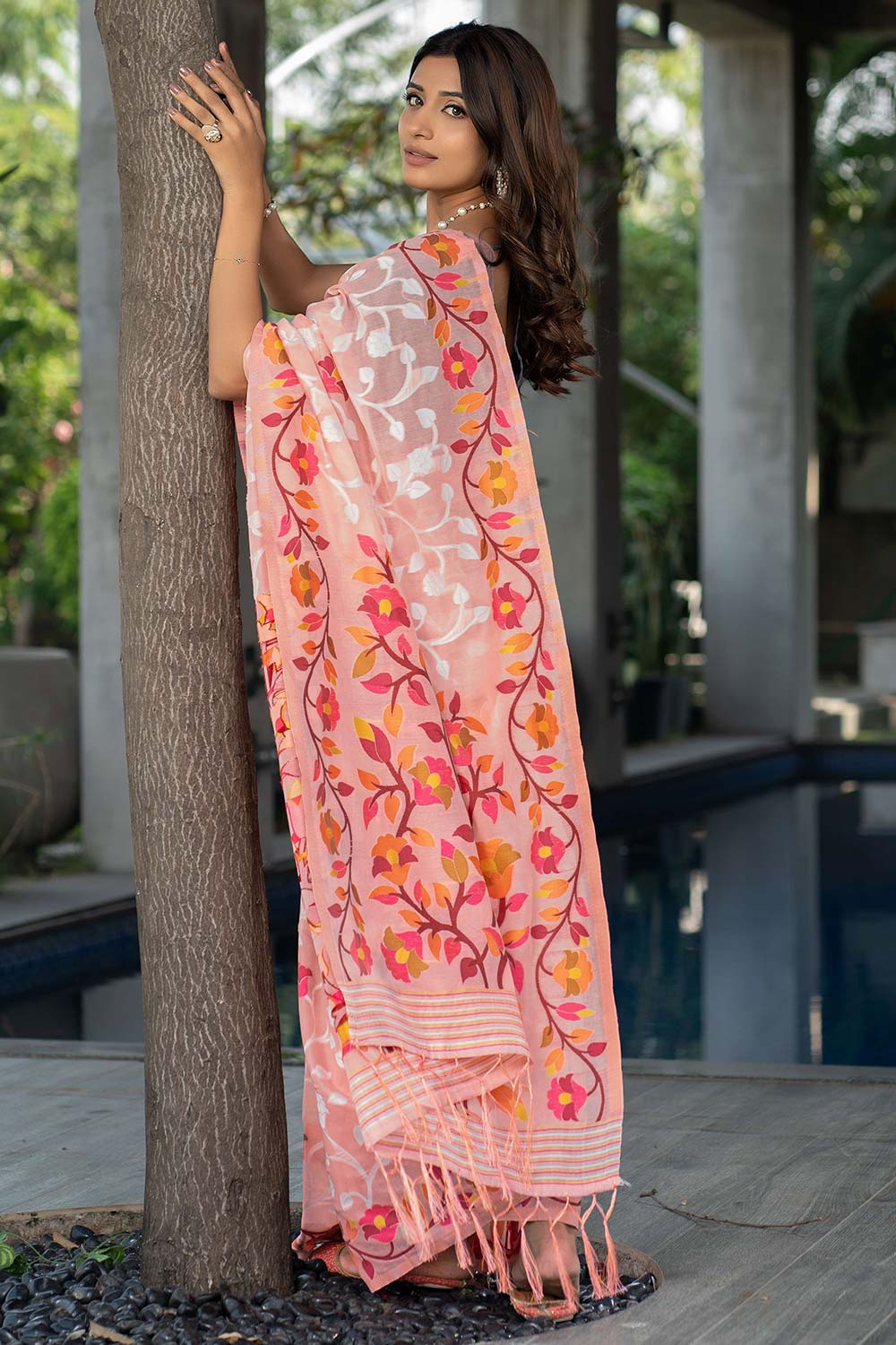 Peach Jamdani Floral Cotton Saree