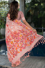 Peach Jamdani Floral Cotton Saree